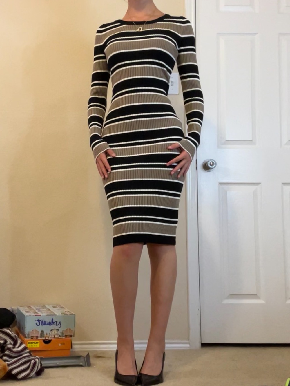 Derek Heart Black & Cream Striped Ribbed Long-Sleeve Dress